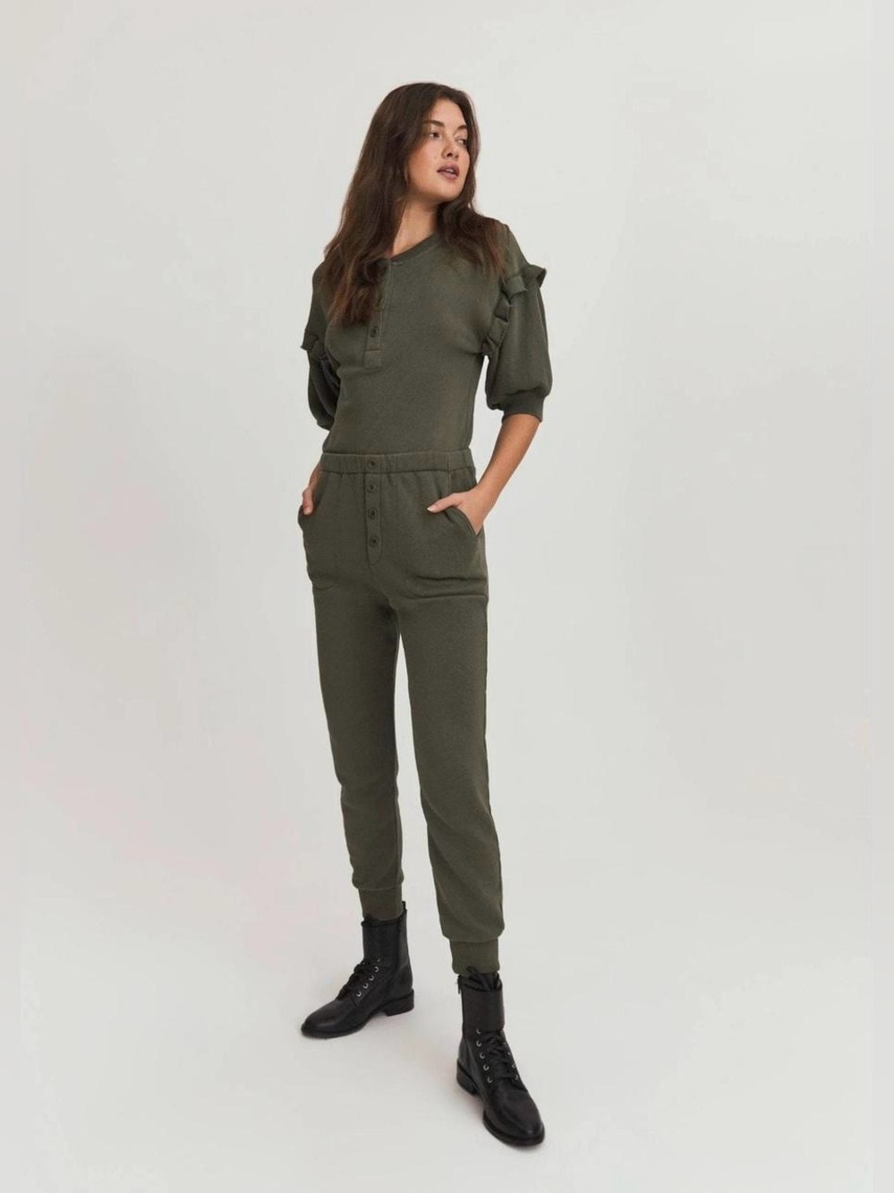 Something Navy Esmeralda Olive Green Terry Puff Sleeve Jumpsuit, size XS